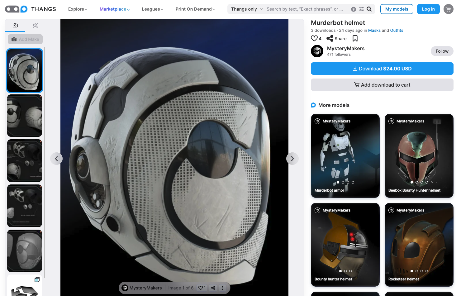 A screenshot of the thangs.com website showing the entry for the Murderbot helmet printable